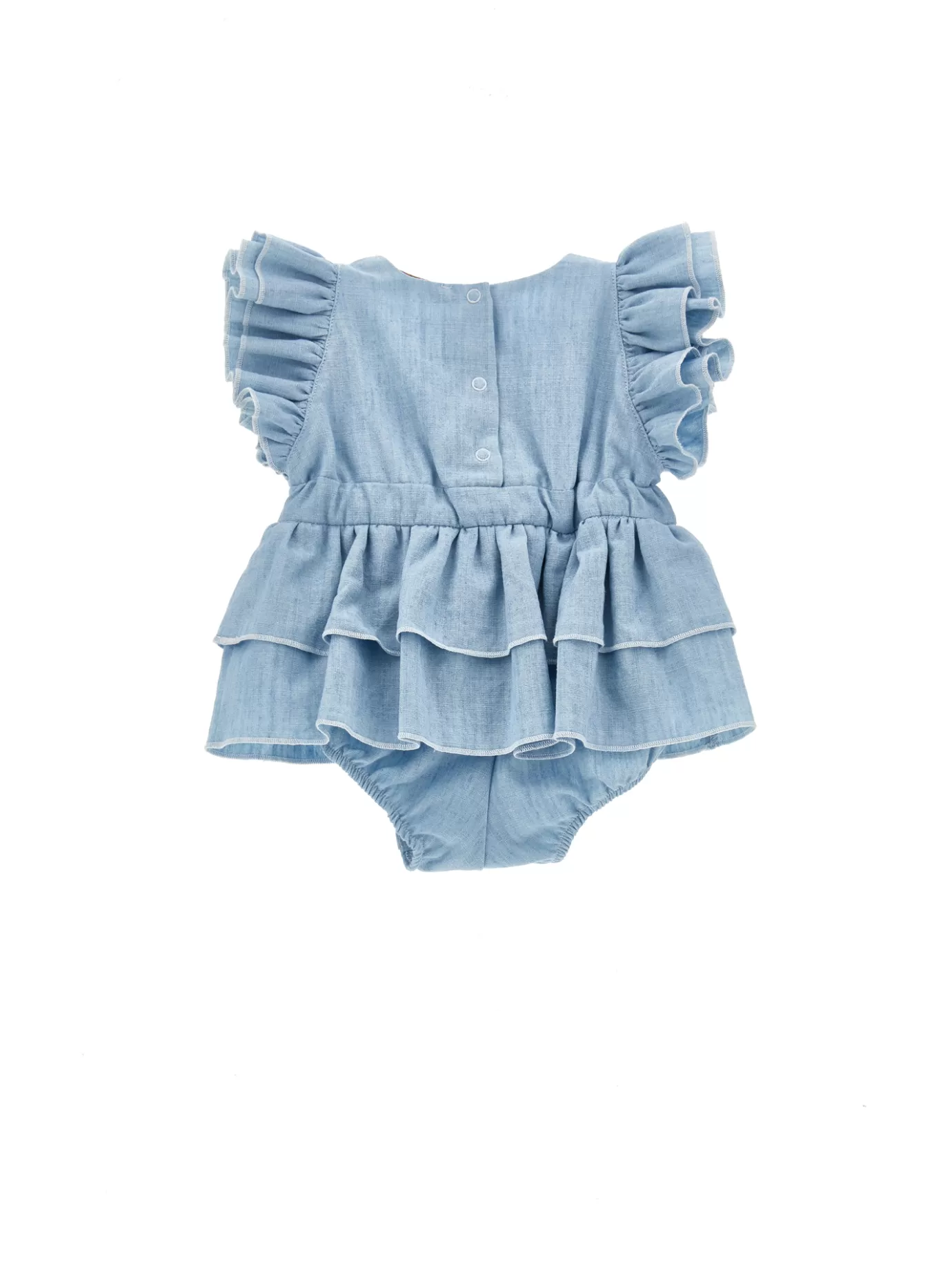 Monnalisa Chambray romper with trim- Newborn