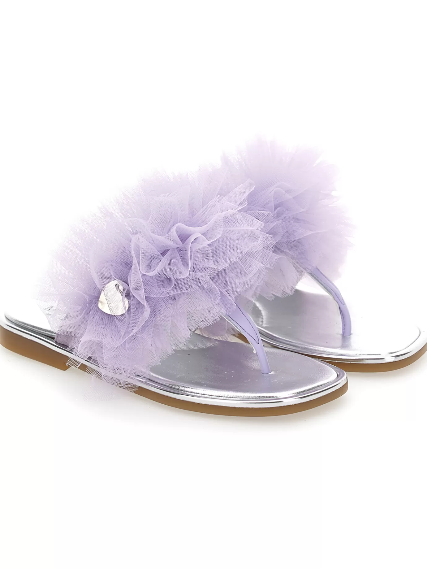 Monnalisa Nappa leather thong sandals with tulle ruffle- Sandals | Sandals