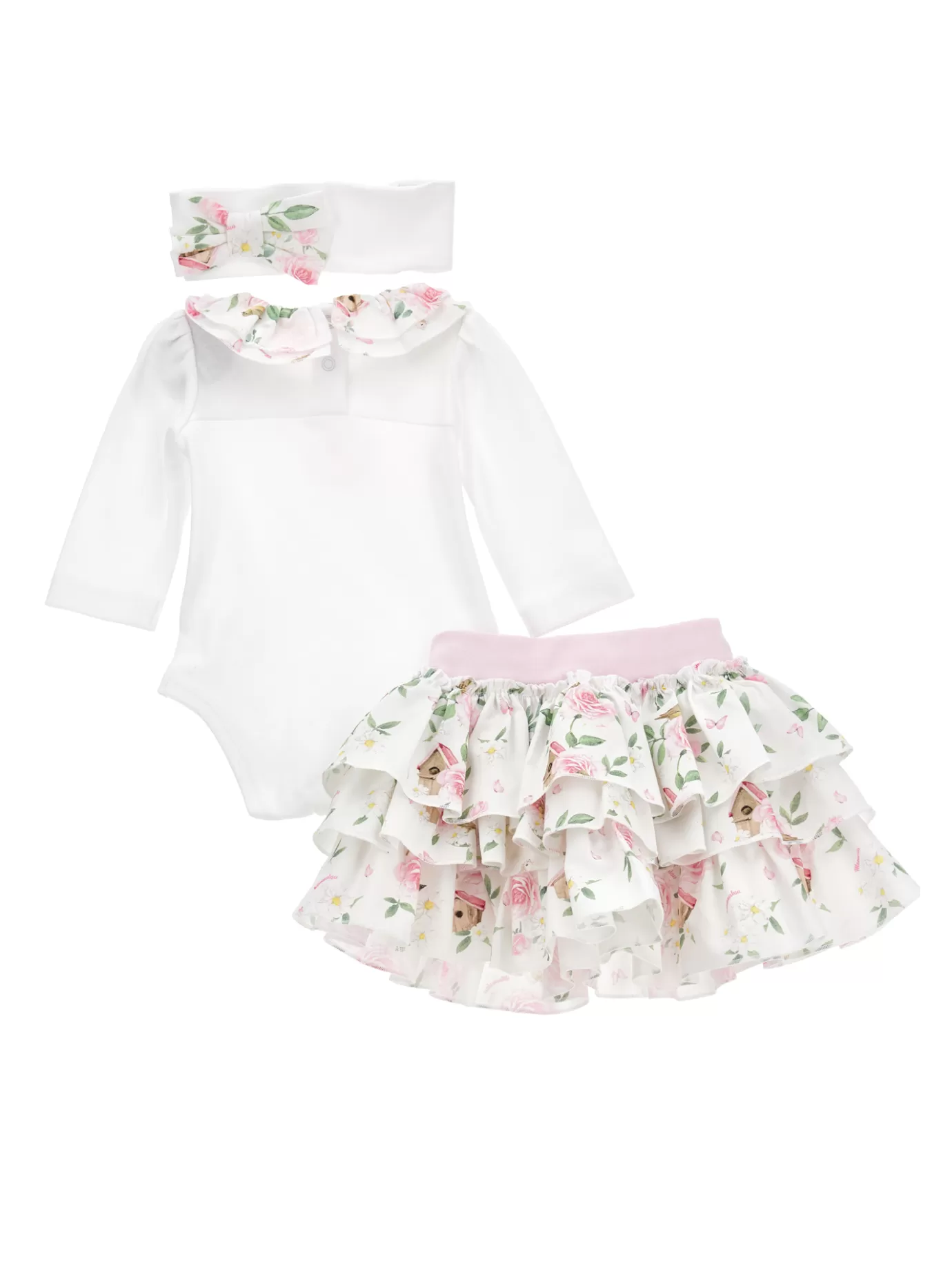 Monnalisa Rose cotton suit, three pieces- Newborn