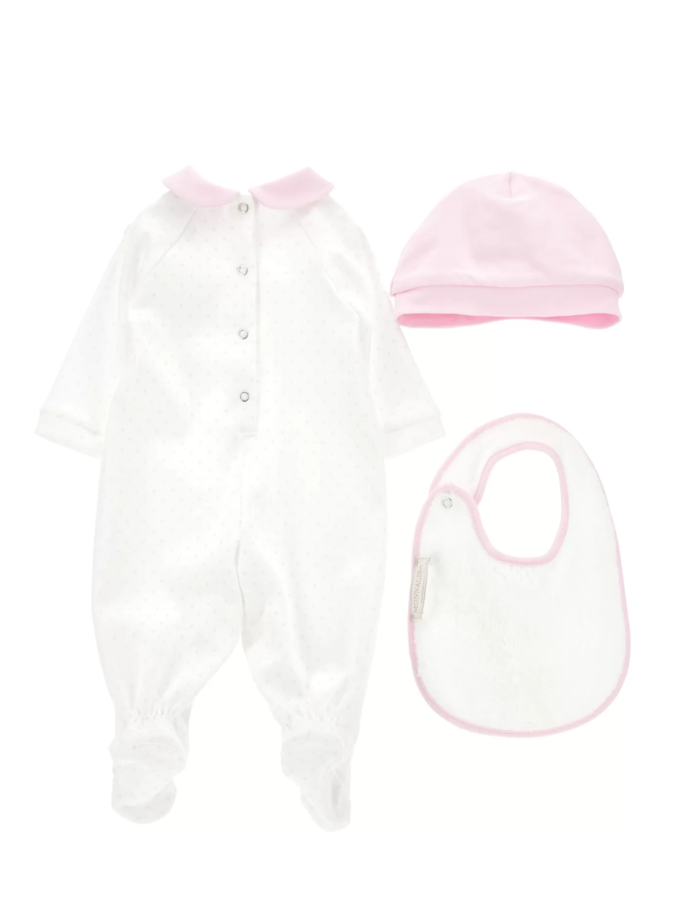 Monnalisa Three-piece polka dot cotton baby girl set- Newborn